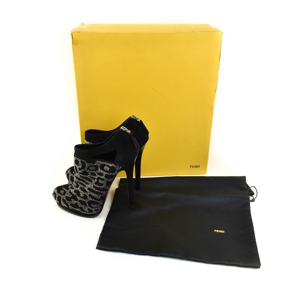 FENDI: Black, Leather Beaded Platform Logo Heels - Picture 2 of 11